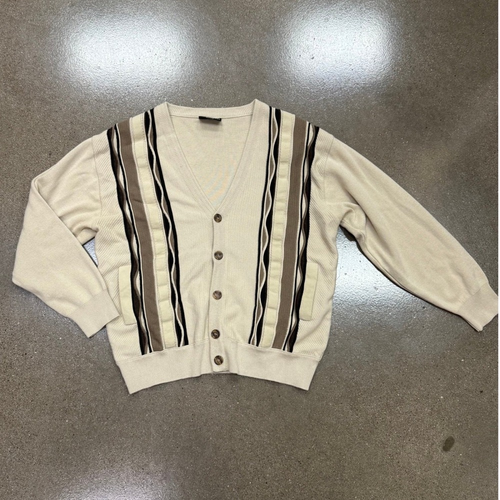 Massoti Made in Italy Men Cream Beige Striped Textured V-Neck Cardigan Sweater